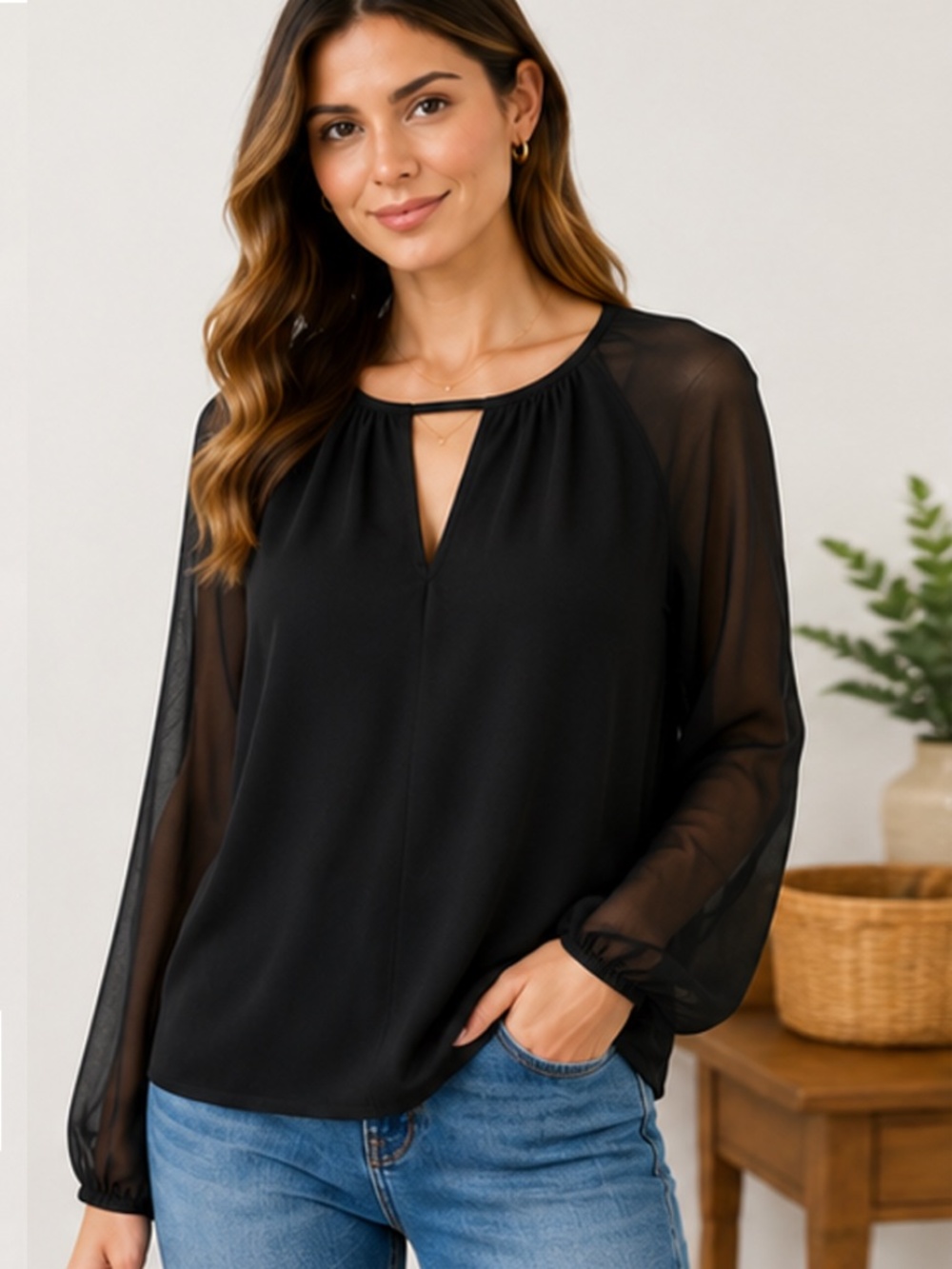 Lola & Sophie New York Black Sheer Sleeve Blouse